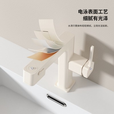奶白色抽拉式水龙头全铜冷热台上洗脸洗手盆卫生间家用面盆水龙头图3