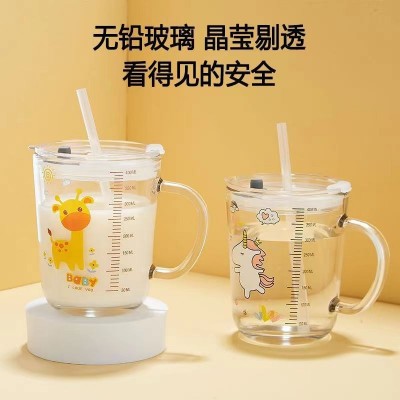 吸管玻璃杯家用儿童水杯刻度牛奶杯带把茶杯少女可爱耐热喝水杯子图2