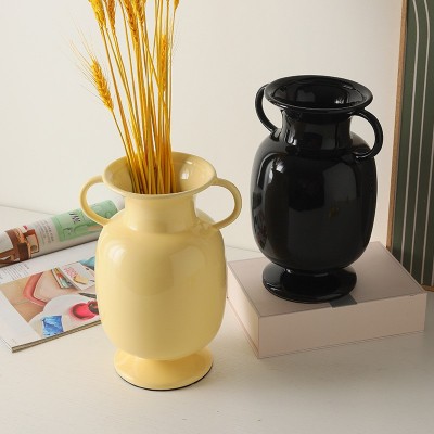 简约现代奶黄色陶瓷双耳花瓶 北欧ins风插花花器桌面摆件工艺品图2