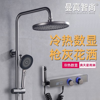 广东曼高卫浴 开平枪全铜沐浴花洒 冷热数显手持花洒莲蓬纯白枪灰  1套图2
