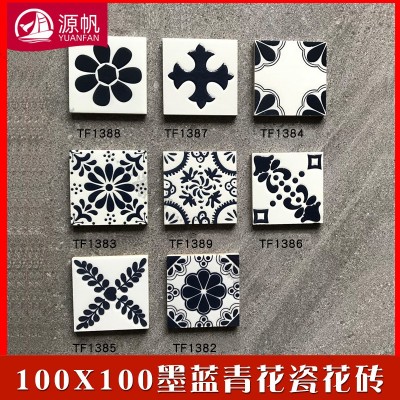 防滑琉璃青花瓷瓷砖仿古地板砖网红餐饮店艺术小花砖100X100图2