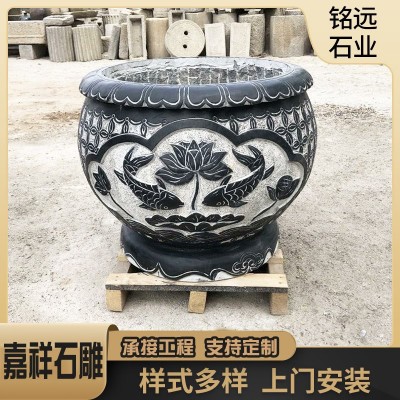 户外大石头水缸圆形中式复古庭院养鱼荷花池聚宝盆四合院水景装饰